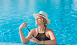 © T.Den_Team - Plus size young woman in pool, enjoy the life, beach clothes, swimsuit, sunny hat. Style of xl size, happy nice natural beautiful lady