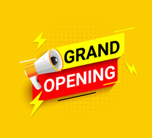 Megaphone With Bubble For Grand Opening Announce,social Media Marketing.Template For Opening Ceremony For Retail, Promotion And Announcement, Opening Banner.Vector Illustration On Halftone Background.
