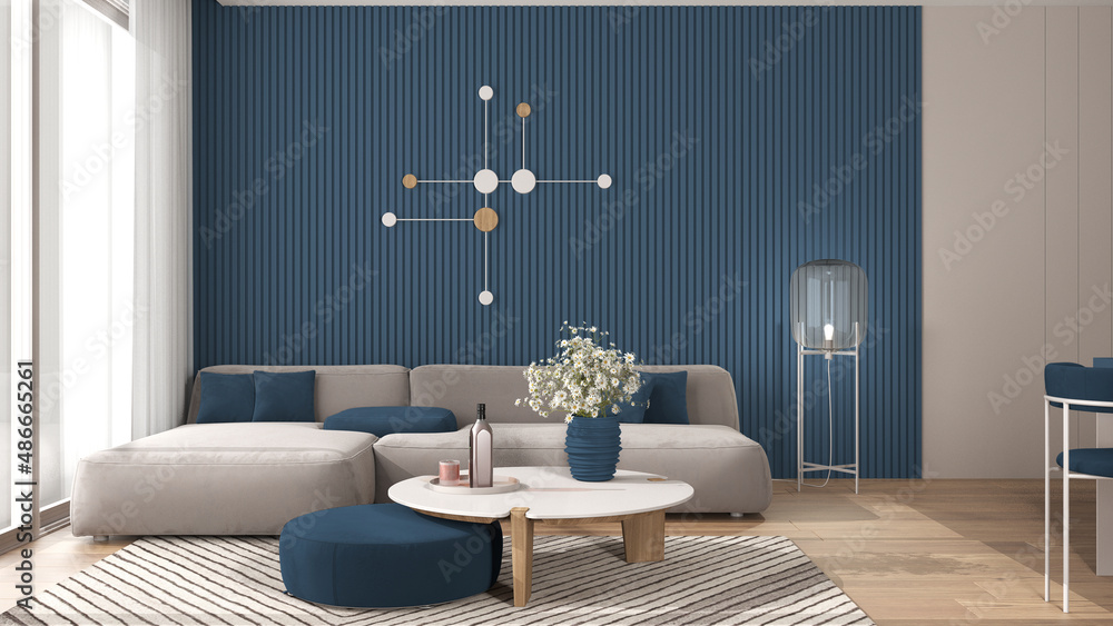 Cozy blue and wooden living room in modern apartment, velvet sofa with ...