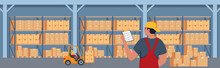 Warehouse Interior With Boxes On Rack And People Working. Logistic Delivery Service Concept. Vector Illustration.
