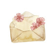 Watercolor illustration of an open envelope with a letter and flowers isolated on white background.
