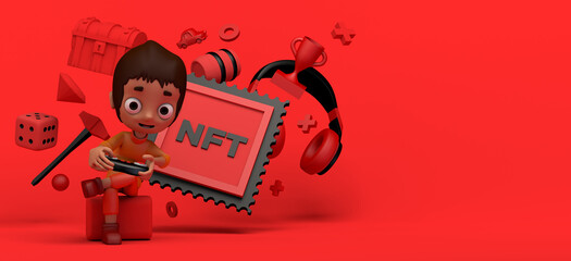 Poster - Child gamer playing video game console with non fungible token, NFT. Copy space. 3D illustration. Cartoon.