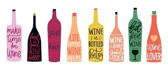 vector set with colored bottles of wine and champagne with lettering and calligraphy quotes. isolate