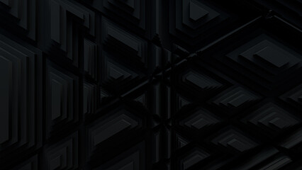 Black, Tech Background with a Geometric 3D Structure. Dark, Stepped design with Extruded Futuristic Forms. 3D Render.