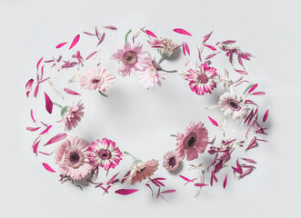 frame with flying pink gerbera flowers on white background. floral levitation concept with beautiful