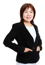 Portrait Studio Closeup Cutout Isolated Shot Asian Professional Successful Senior Female Businesswoman Entrepreneur Model In Formal Suit Smiling Posing Hold Hands In Jacket Pocket On White Background