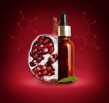 Fototapeta Tulipany - A design concept with a pomegranate and a bottle of serum on a red background