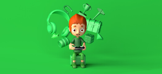 Poster - Child gamer playing video game console with headset, chests, prizes and other items floating. Copy space. 3D illustration. Cartoon.