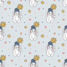 Cute Rabbit With Yellow Balloons. Sunflower. Valentines Day. Seamless Pattern. Background. Romantic Illustration