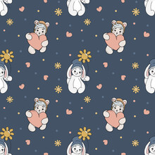 Cute Teddy Bear With Big Heart. Cute Rabbit. Valentines Day. Seamless Pattern. Background. Romantic Illustration
