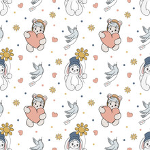 Cute Teddy Bear With Big Heart. Cute Rabbit. Valentines Day. Seamless Pattern. Background. Romantic Illustration