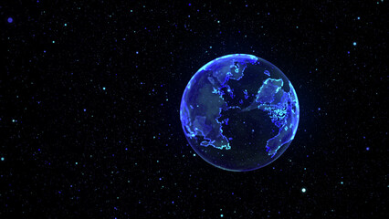 Fototapete - Glowing earth in space. Global network. Blue world map conposition with dots. 3d rendering.
