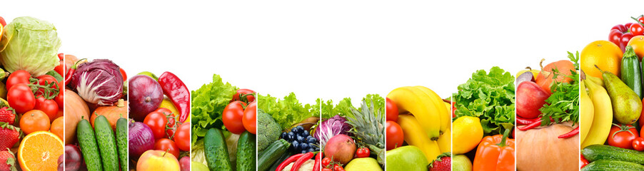 Vegetables, fruits and berries separated by vertical lines isolated on white