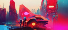 Cyberpunk Industrial Abstract Future Wallpaper. Futuristic Concept. Pink Evening Urban Landscape. 3D Illustration.