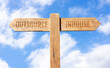 Outsource or inhouse concept. Wooden signpost with message on sky background