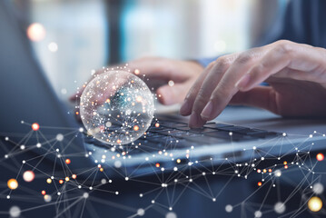 Global network connection, digital technology, internet of things concept. Big data. Person using laptop computer with internet network connection