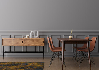 Wall Mural - Empty gray wall in modern dining room. Mock up interior in contemporary style. Free space, copy space for your picture, text, or another design. Dining table with chairs, parquet floor. 3D rendering.