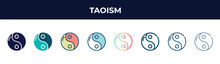 Taoism Vector Icon In 8 Different Modern Styles. Black, Two Colored Taoism Icons Designed In Filled, Glyph, Outline, Line, Stroke And Gradient Styles. Vector Illustration Can Be Used For Web,