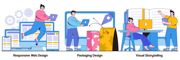 Responsive web design, packaging design, visual storytelling concept with people character. Cross platform development, brand development, content marketing abstract vector illustration set