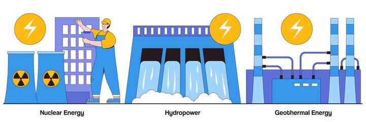 Nuclear power plant, hydropower, geothermal energy concept with people character. Energy sources abstract vector illustration set. Generate electricity, dam turbine, power plants, heat pump metaphor