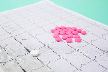 Wall Mural - A pile of red pills in a shape of heart on cardiogram.