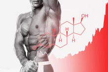 Shredded Male Torso And Testosterone Formula. Concept Of Hormone Increasing Methods Or Anabolic Steroids Usage.