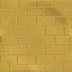 Texture of golden brick with sun glare. Gold seamless background. Smooth brick wall.
