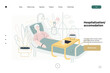 © grivina - Hospitalization and accomodation -medical insurance web template. Modern flat vector concept digital illustration - a hospital patient elderly woman in a private ward on a bed by window