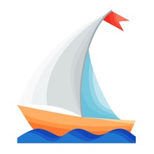 Cute Cartoon Yacht With Blue Wave And Red Flag