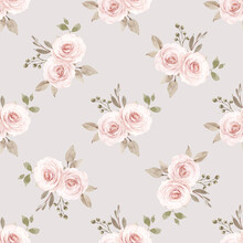 Seamless Background, Floral Pattern With Watercolor Flowers Pink And Burgundy Roses. Repeat Fabric Wallpaper Print Texture. Perfectly For Wrapped Paper, Backdrop, Frame Or Border.