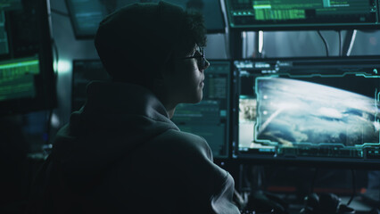 Young male hacker in hat and glasses using computers to hack nuclear warhead and start war while sitting at table in dark room