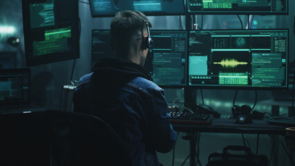 Cheerful male hacker in headset rejoicing in a successful cyber attack in a dim room of cybercriminals with computer equipment and software