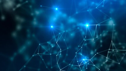 Connected lines, nodes, particles and flickering lights flowing in a technology motion background. Blue abstract network connections concept. Depth of field settings. 3D rendering