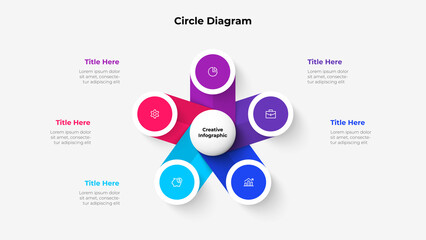 Poster - Central circle with five small circles around it. Design concept of 5 steps or parts of business cycle. Infographic design template. Business data visualization.