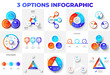 Big infographics set with 3 options, steps or parts. Circles, arrows and triangles for presentations, advertisements or websites.