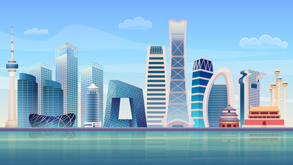 Wall Mural - Beijing City panorama skyline. High skyscrapers modern cityscape. Vector illustration.