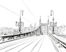 The Bridge of Freedom. Budapest. Hungary. Europe. Hand drawn vector illustration.
