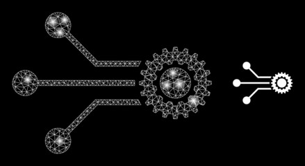 Micro mechanics icon and glare mesh micro mechanics structure with bright spots. Illuminated constellation is done using micro mechanics vector icon and triangle mesh.