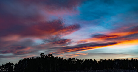 Wall Mural - stunning evening sky with full colors of the sunset over the forest skyline
