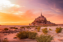 Le Mont-Sint- Michel In France By Low Tide With A Beautiful Sunset