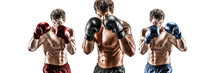 Creative Collage Of Muscular Man Boxer Who Training Isolated Over White Background. Sport Concept 