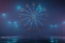3d Rendering Of Illuminated Old Ferris Wheel At Abandoned Foggy Parking Space