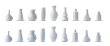 Realistic Collection Of White Ceramic Porcelain Vase. 3d Ceramic Glossy Pot Set.