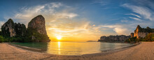 Tropical Islands Sunset View With Ocean Sea Water And Sand Beach At Railay Beach, Krabi Thailand Nature Landscape Panorama