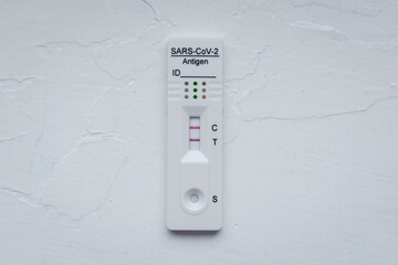 SARS-CoV-2 rapid antigen test with two colored lines - positive result of coronavirus infection