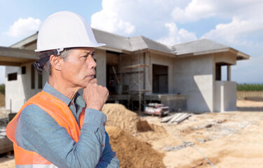 Wall Mural - A senior architect wearing a safety vest and helmet stands at the construction site.