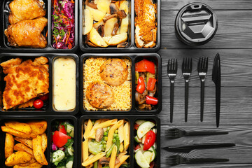 Sticker - Lunch boxes with different delicious meals, cup and cutlery on grey wooden background