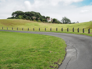 Wall Mural - View of curving asphalt road with wooden posts on green hill