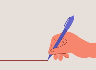 hand with red marker draws isolated line, handwriting, vector flat illustration, woman's hand draws red line