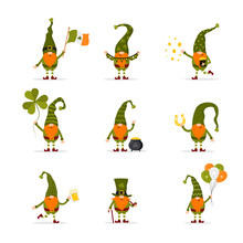 St. Patrick Day Gnomes. Cute Leprechauns With Festive Elements. Vector Illustration In Flat Cartoon Style. Hand Drawn Dwarves For Irish Holiday.